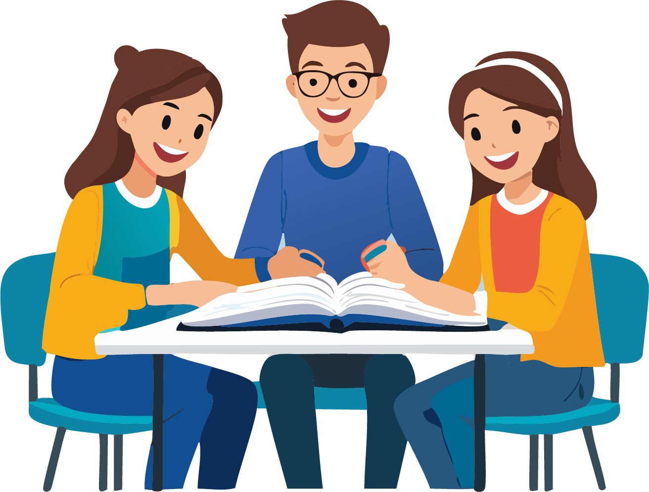 graphic representation of three people sitting at a table learning